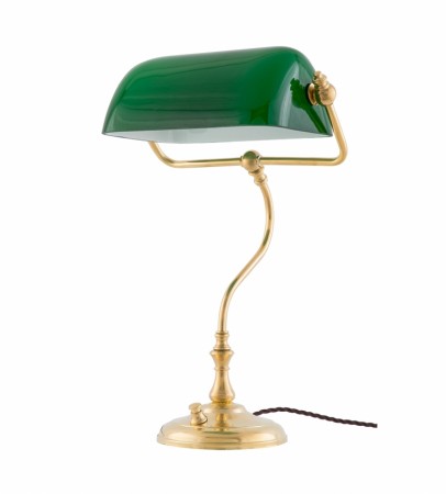 Biblioteklampe med grønn glasskjerm