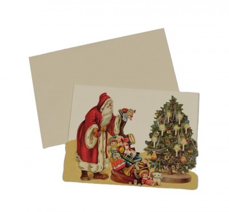 Julekort med glansbilde - julenisse ved juletre