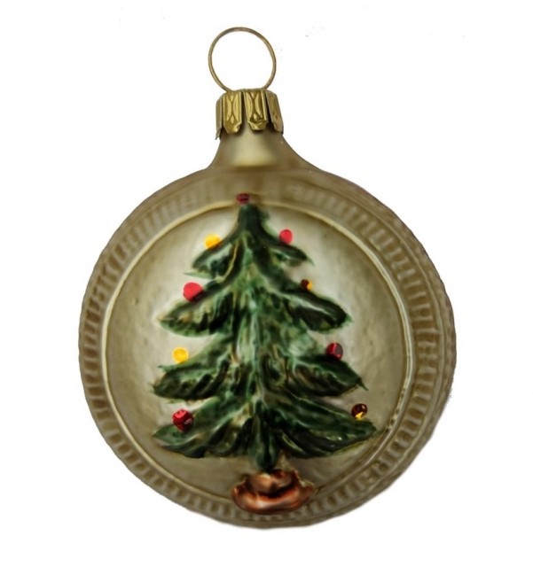 Rund glasspynt med juletremotiv.