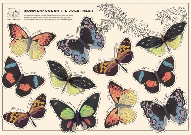 Vakre papirsommerfugler til juletreet.