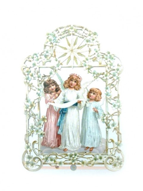 Stort glansbilde med tre engler, høyde 23 cm
