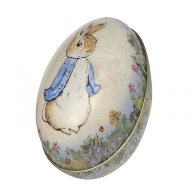 Påskeegg av metall med nostalgisk kaninmotiv.