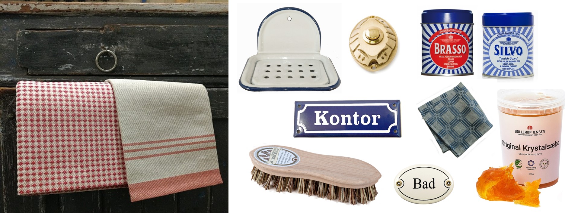 Til hjemmet, linhåndkle, emaljerte produkter, koster, grønnsåpe og mye mer